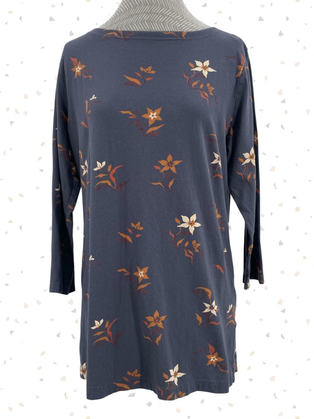 Duluth Trading Navy Blue 3/4 Sleeve Cotton Top Long Shirt Orange Floral Size M